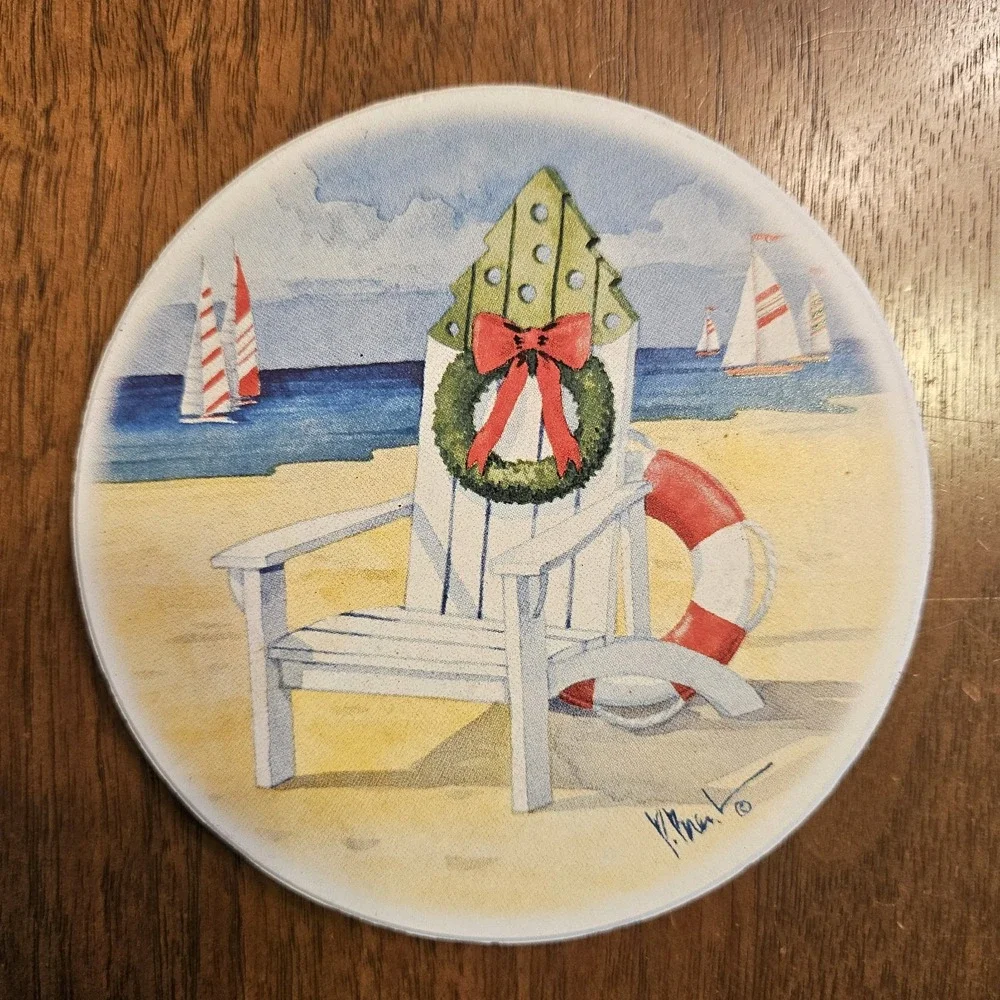 Beach Christmas Coaster Set Of 4 With Holder Candy Cane‎ Lighthouse Flamingos